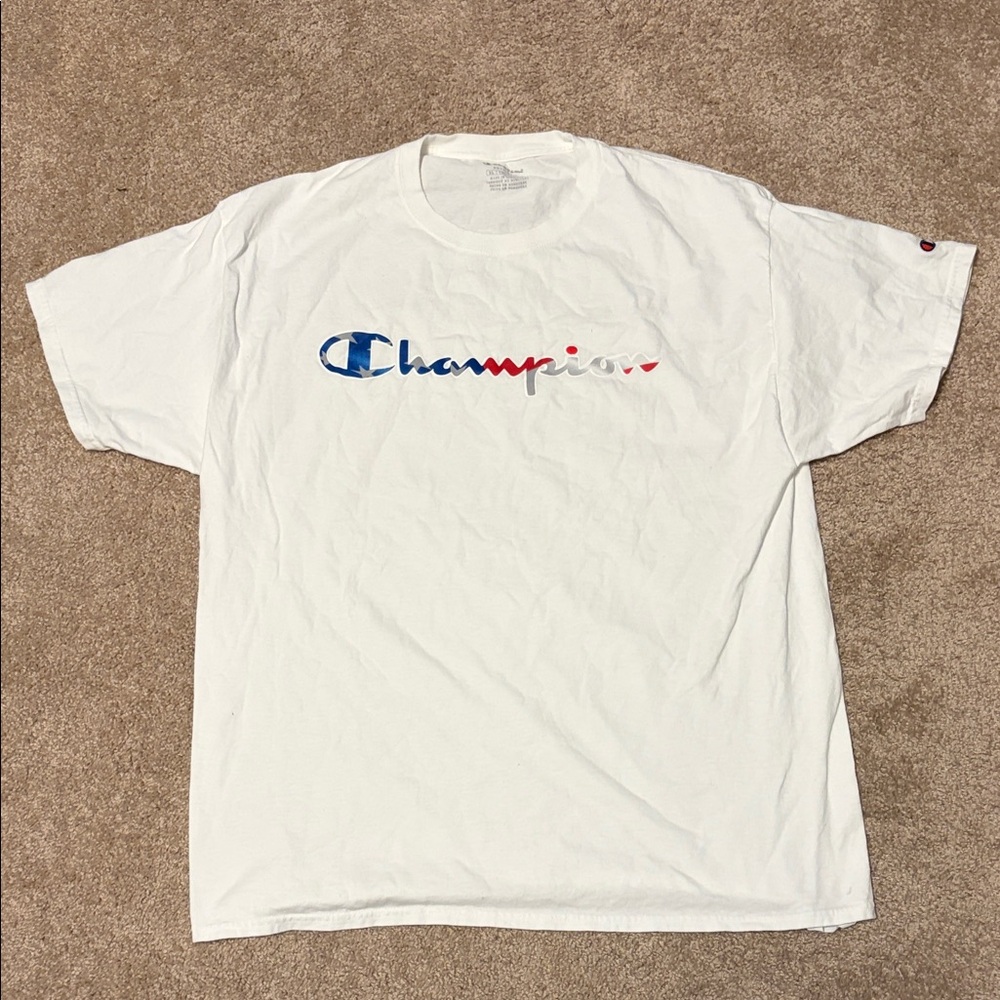 Champion White Tee with Blue and Red Logo